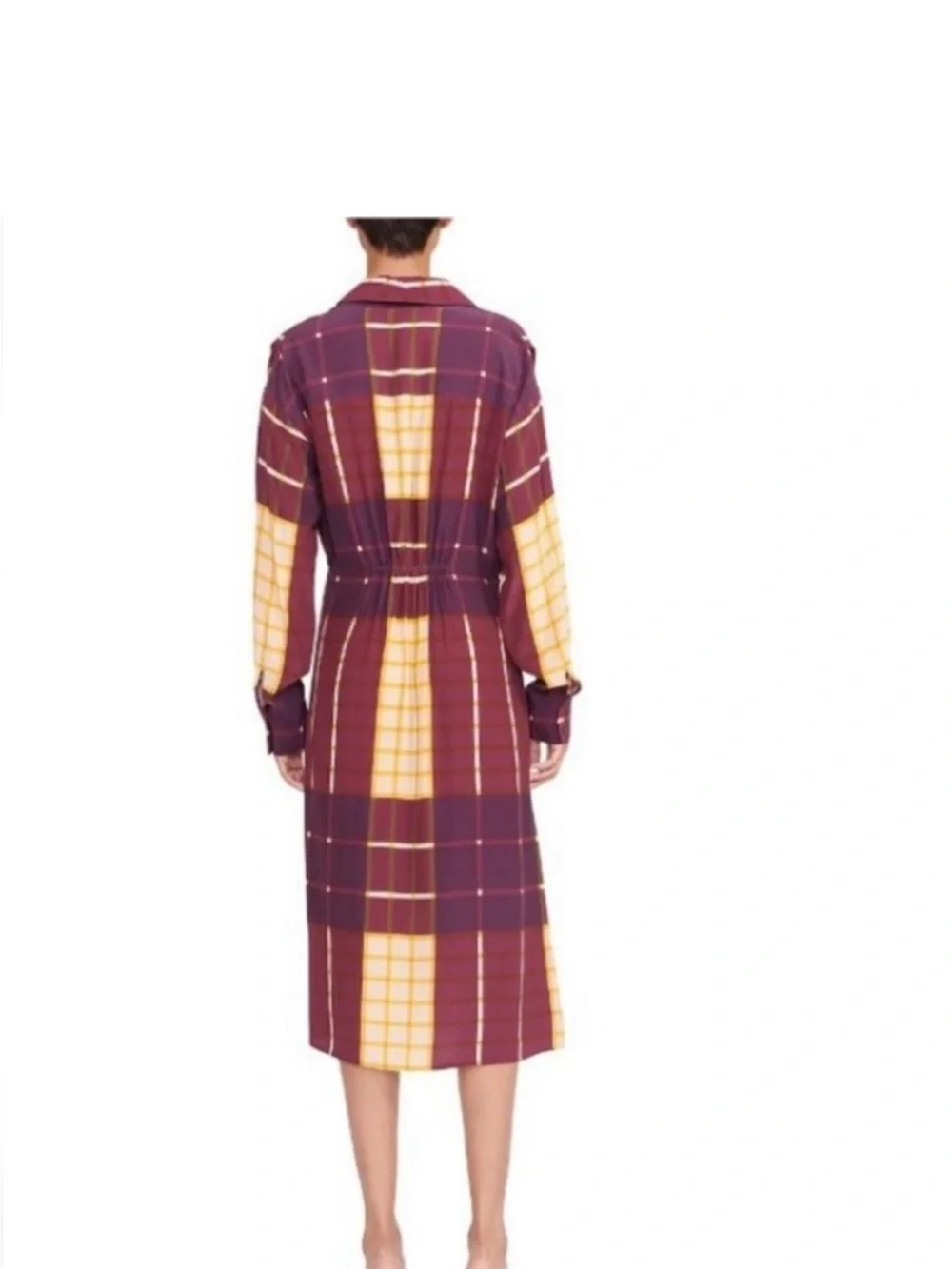 Staud Eclectic Prep Burgundy Mustard Plaid TieFront Midi Dress Dark Academia - Picture 3 of 7